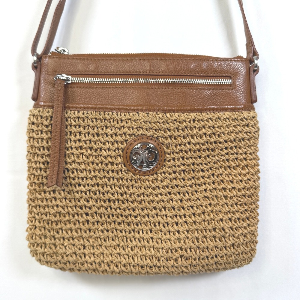 Brighton Woven Straw Leather Crossbody Bag Brown Tan Zip Messenger Women Small